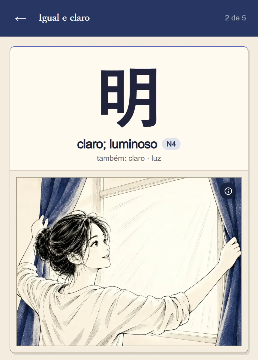 Página real do kanji 明 no Aozumi, mostrando significado, ilustração e construção